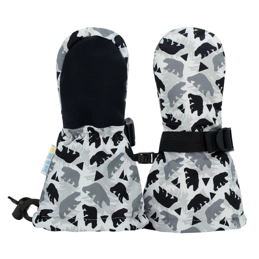 Jan & Jul Waterproof Toasty Dry Mitten Bear Cub, toddler grey camo mittens with adjustable strap secured at the wrist