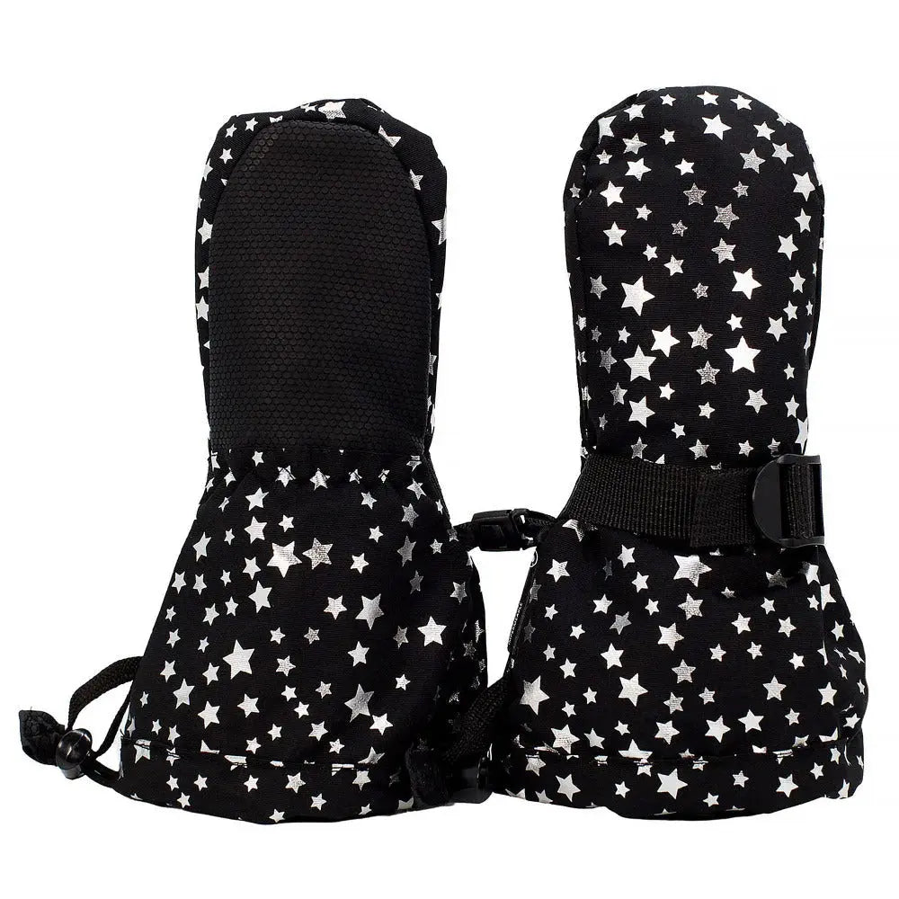 JAN & JUL Waterproof Toasty Dry Mitten Black Star pair; toddler mittens with adjustable strap shown buckled.