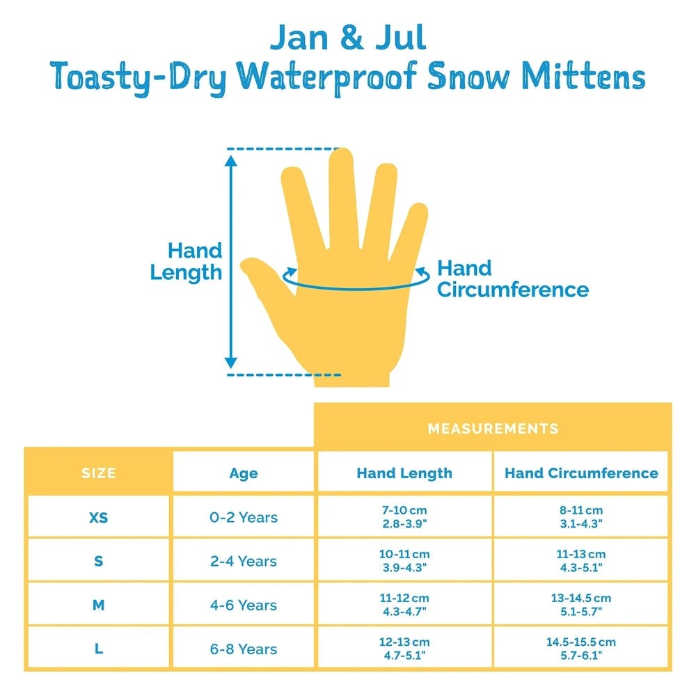 JAN & JUL Toasty-Dry Waterproof Snow Mittens in blue, illustrated hand with measurement arrows and a size chart.