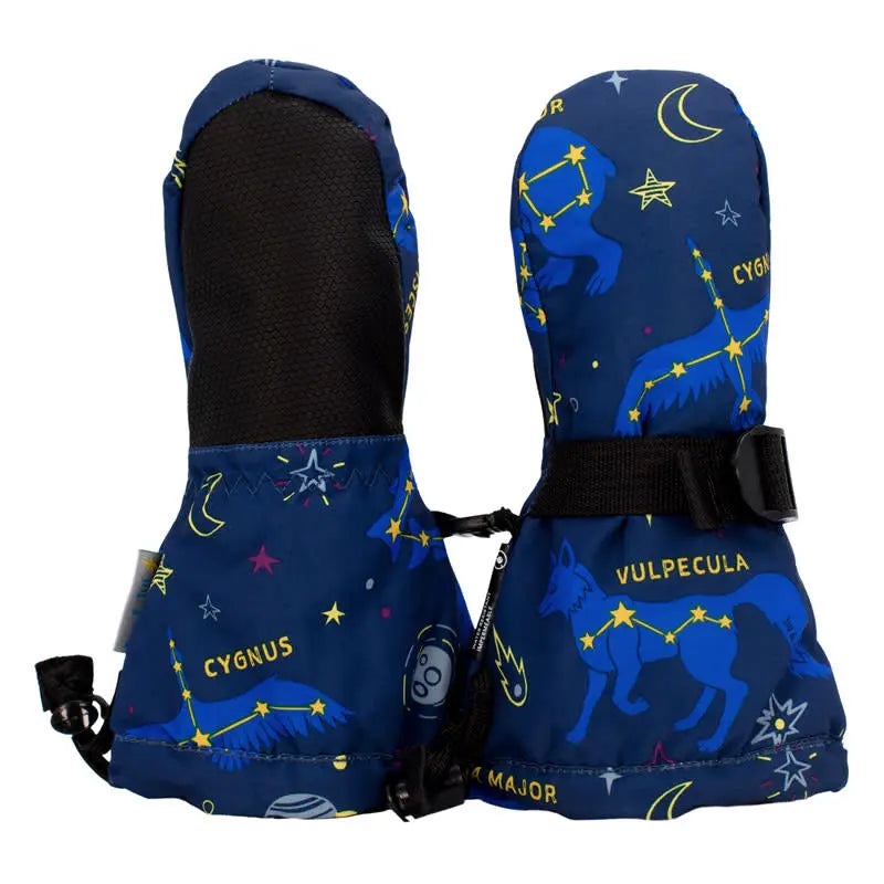 JAN & JUL Waterproof Toasty Dry Mitten Constellations, set of 2 blue baby mittens with starry prints.