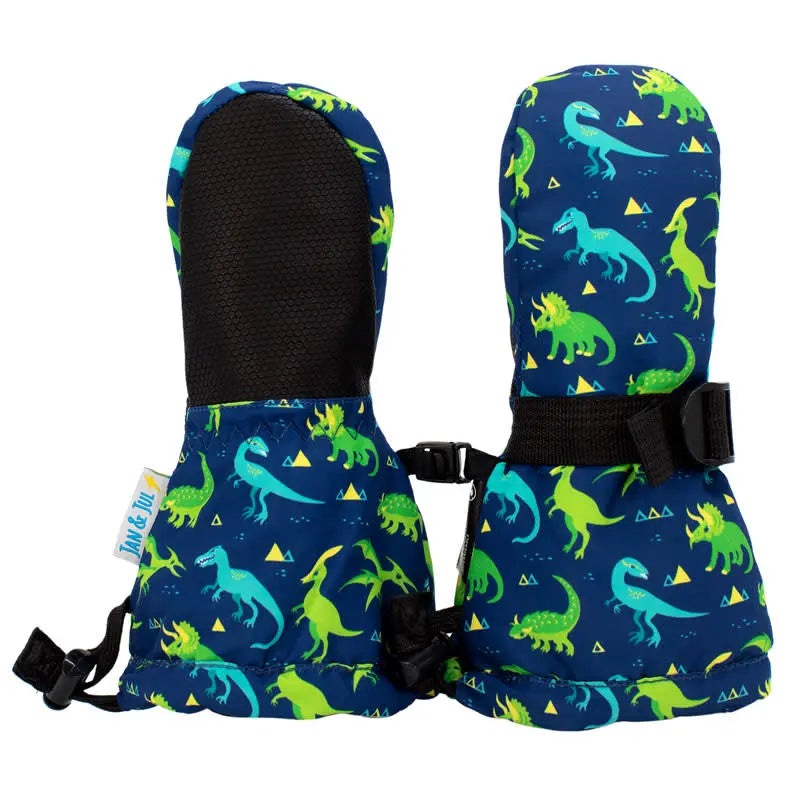 Jan & Jul Waterproof Toasty Dry Mitten Dinoland two-pack of blue dinosaur-print baby mittens with adjustable straps