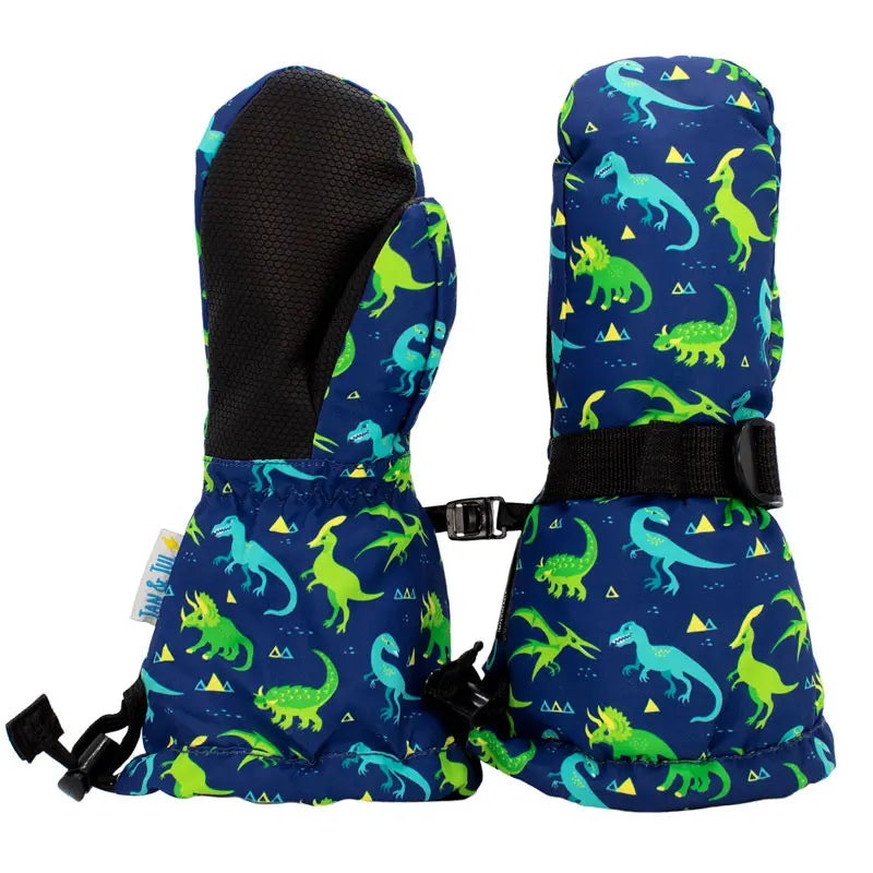 JAN & JUL Waterproof Toasty Dry Mitten Dinoland, blue with green dinosaurs; two mittens with adjustable strap.
