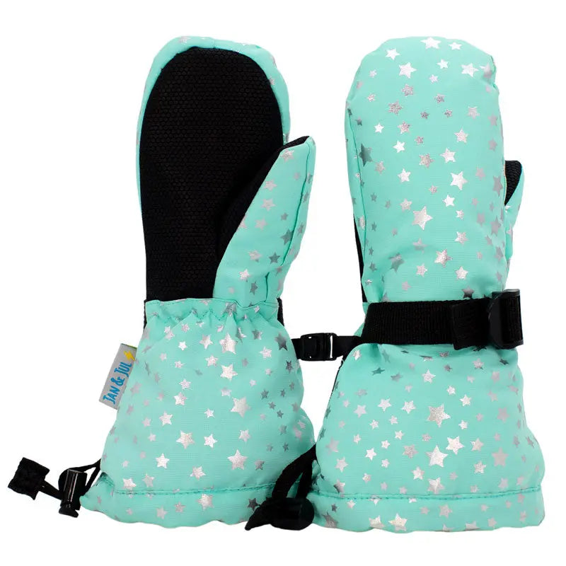 Jan & Jul Waterproof Toasty Dry Mitten Mint Star pair with adjustable straps and black lining.