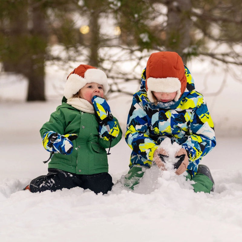 Jan & Jul Waterproof Toasty Dry Mitten Neon Peaks for toddlers; two kids wearing neon mittens scoop snow.