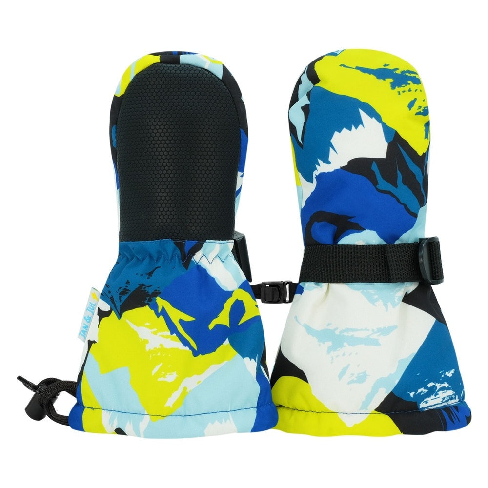 Jan & Jul Waterproof Toasty Dry Mitten Neon Peaks pair for toddlers, blue-yellow abstract pattern.