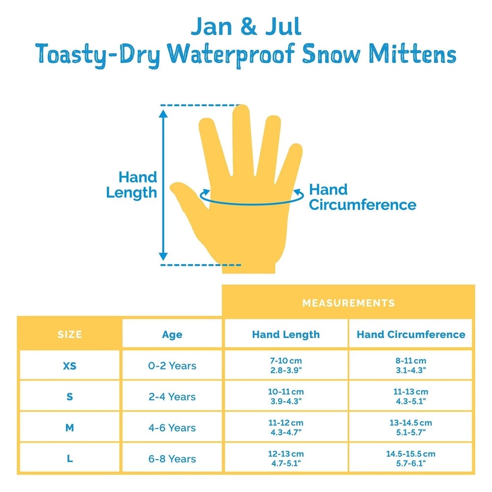 Jan & Jul Toasty-Dry Waterproof Snow Mittens sizing chart shows hand length and circumference for XS–L.
