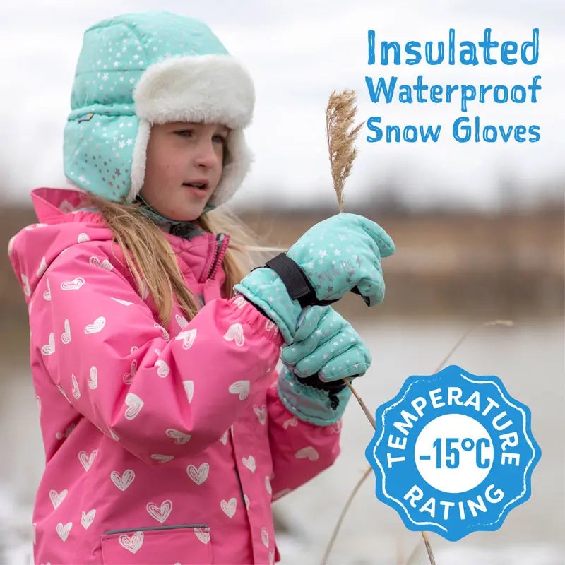 Jan & Jul Waterproof Toasty Dry Snow Gloves teal, worn by a child gripping a twig in snowy field.