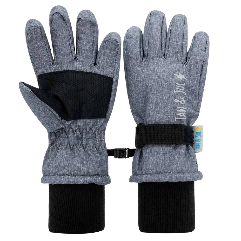 Jan & Jul Waterproof Toasty Dry Snow Gloves in heather grey with black grip palm and adjustable strap