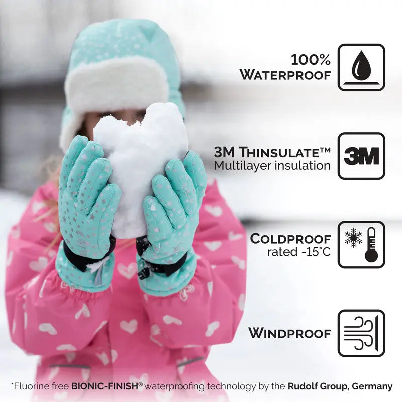 Jan & Jul Waterproof Toasty Dry Snow Gloves Pink Star; toddler holds a snowball in bright star-pattern mittens.