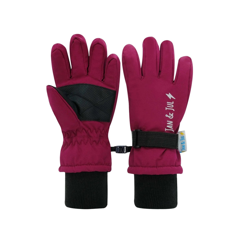 Jan & Jul Toasty Dry Snow Gloves Wildberry for babies; pink mittens with black palm grip and adjustable wrist strap.