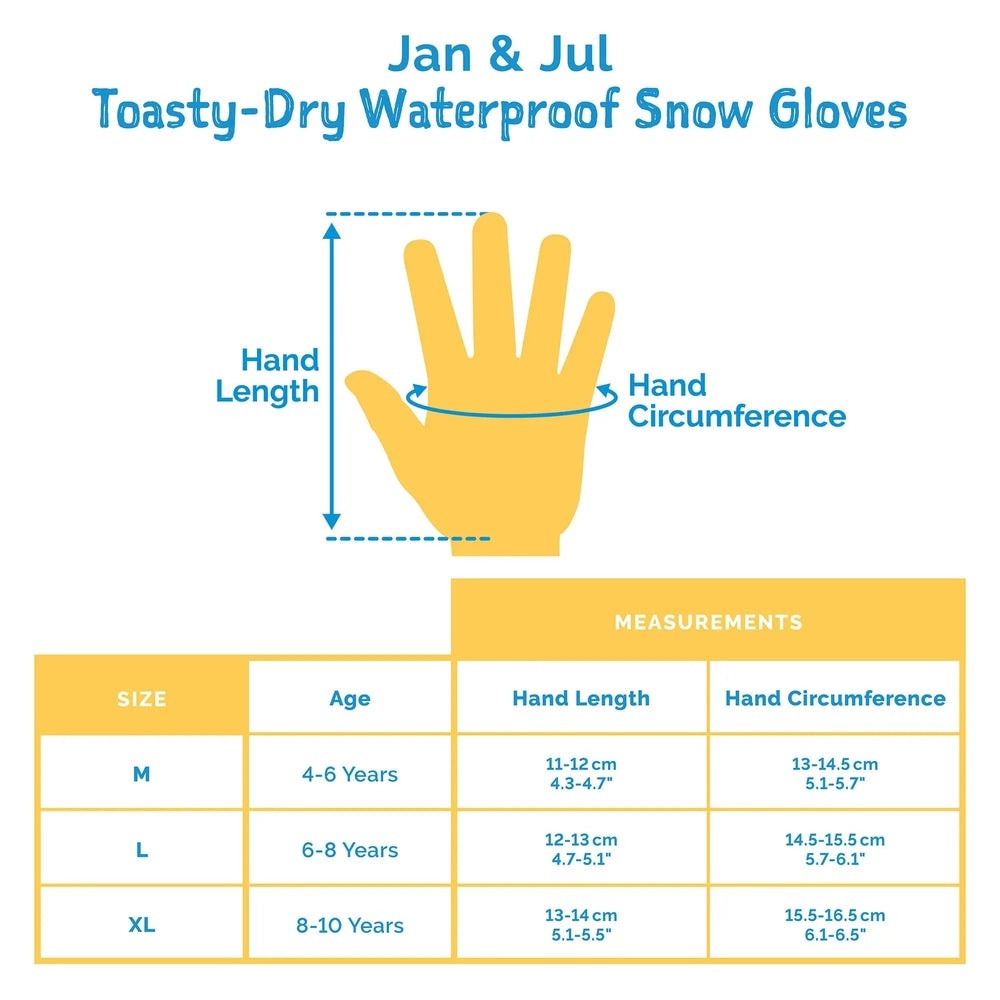 JAN & JUL Waterproof Toasty-Dry Snow Gloves Wildberry; toddler hand shown with measurement arrows beside the size chart.