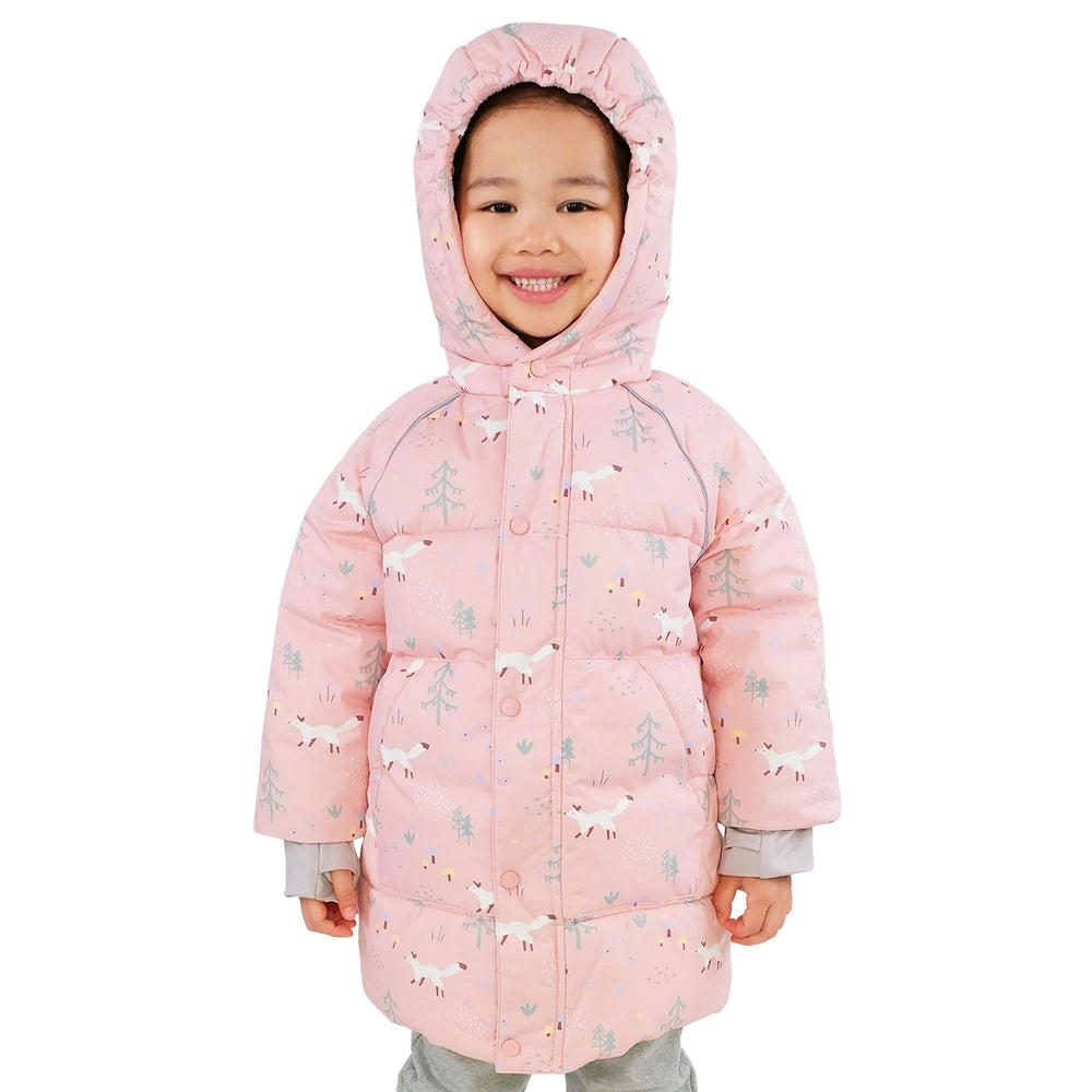 JAN & JUL Waterproof Winter Coat Pink Forest with hood; smiling child wears pink coat with woodland pattern.