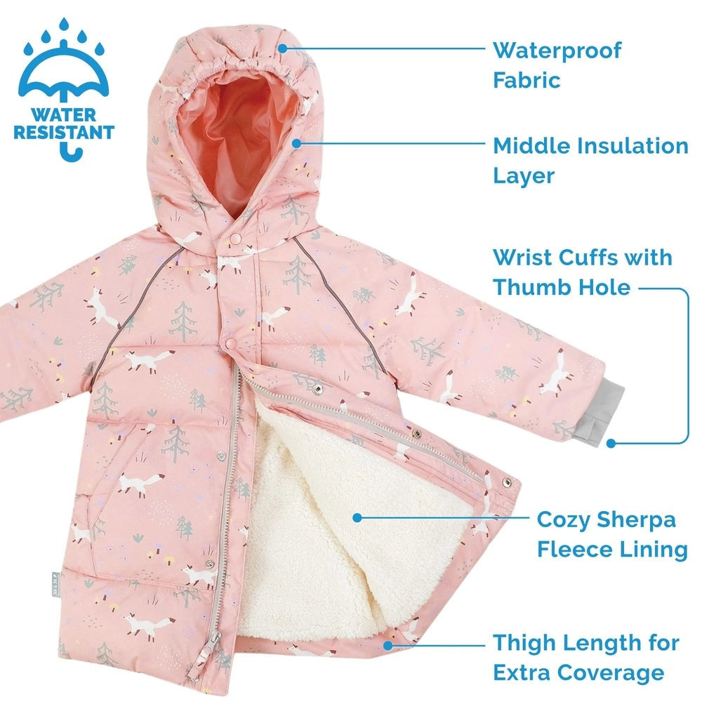 JAN & JUL Waterproof Winter Coat Pink Forest with hood; shown open to reveal warm sherpa fleece lining and zipper.