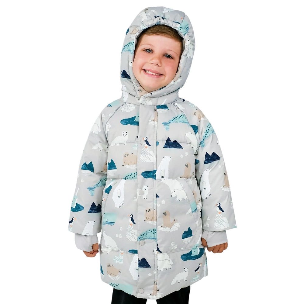 Jan & Jul Waterproof Winter Coat Polar Pals, light grey with polar animal print, child wearing a hooded coat.