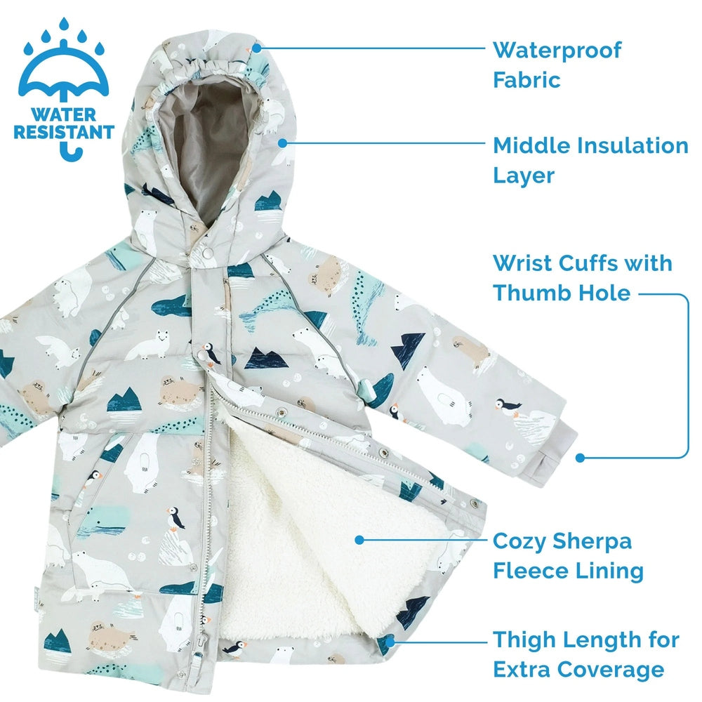 JAN & JUL Polar Pals waterproof winter coat, light gray polar print with hood, featuring cozy fleece lining and water-resistant fabric