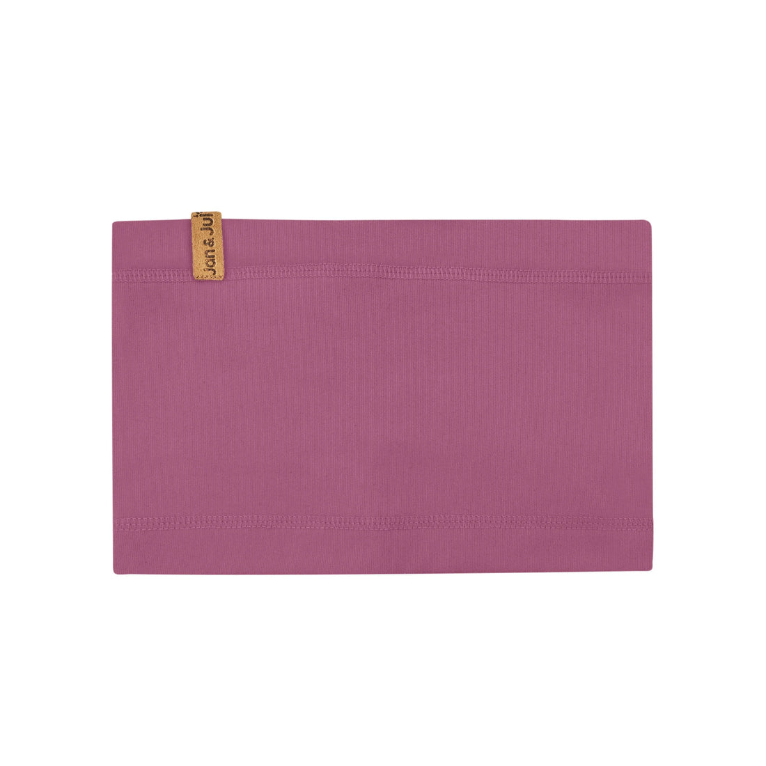 Jan & Jul Dark Plum Thermal Neck Warmer laid flat, showing its smooth fabric and tan brand label.