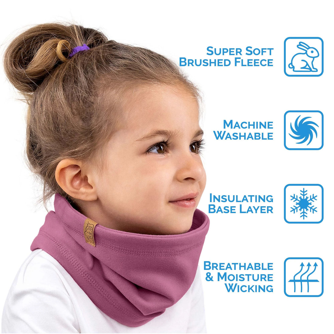 Jan & Jul Dark Plum Thermal Neck Warmer on a child, with soft brushed fleece, washability, insulation and moisture-wicking feature labels.
