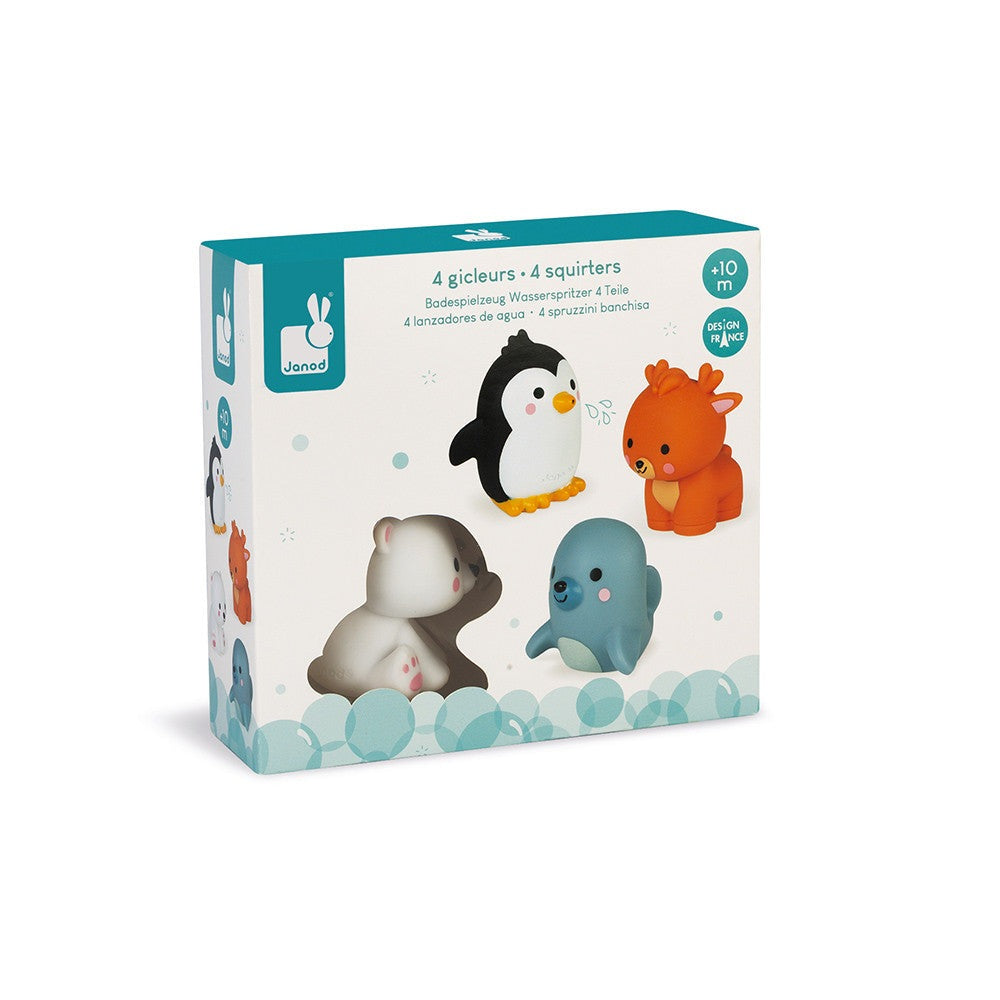 JANOD 4 Polar Animals Squirters bath toys set featuring penguin, polar bear, seal, and blue creature