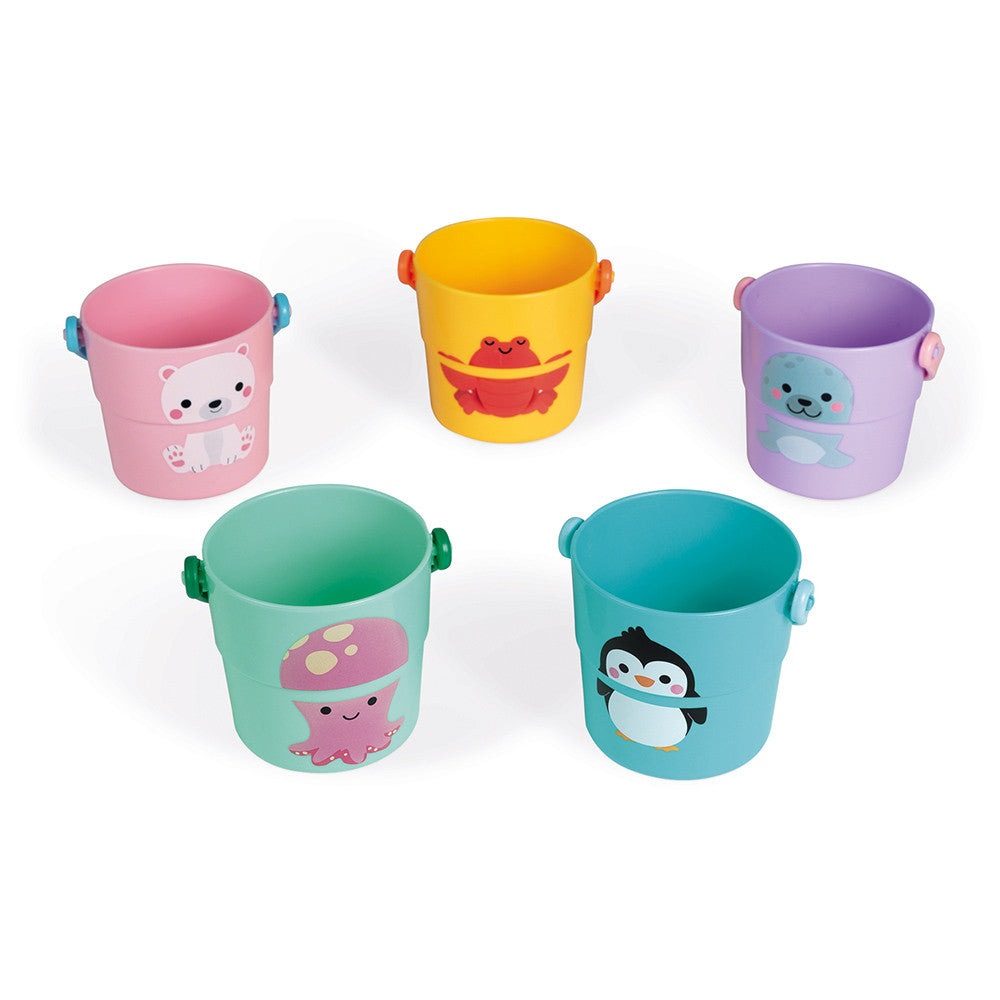 Janod 5 Activity Buckets set of bath toys in pink, yellow, purple, teal, blue with animal prints