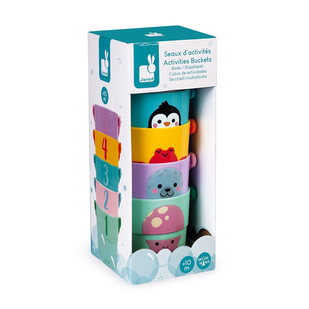 Janod 5 Activity Buckets bath toy set with colorful stackable cups and animal faces, for 10m+
