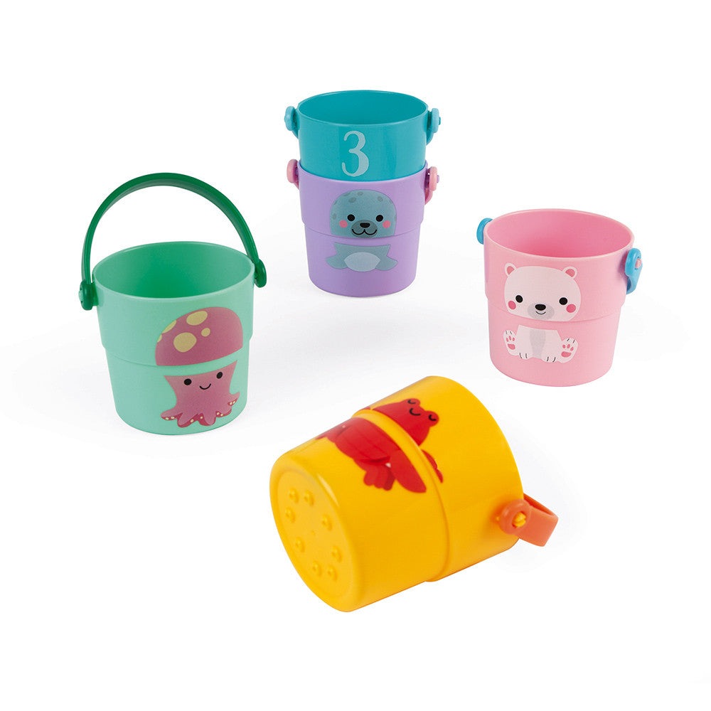 Janod 5-pack bath activity buckets in pastel colors with cute animal graphics for kids
