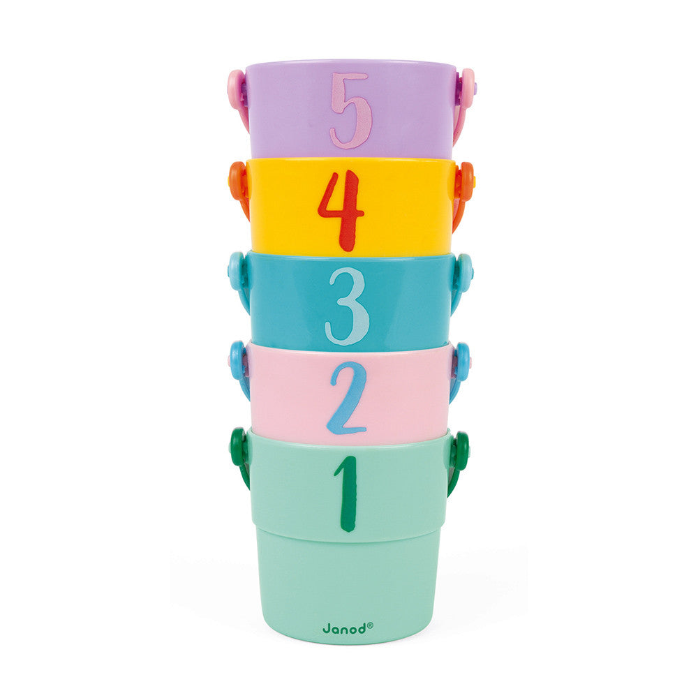 Janod 5 Activity Buckets stackable bath toys in pastel colors numbered 1–5