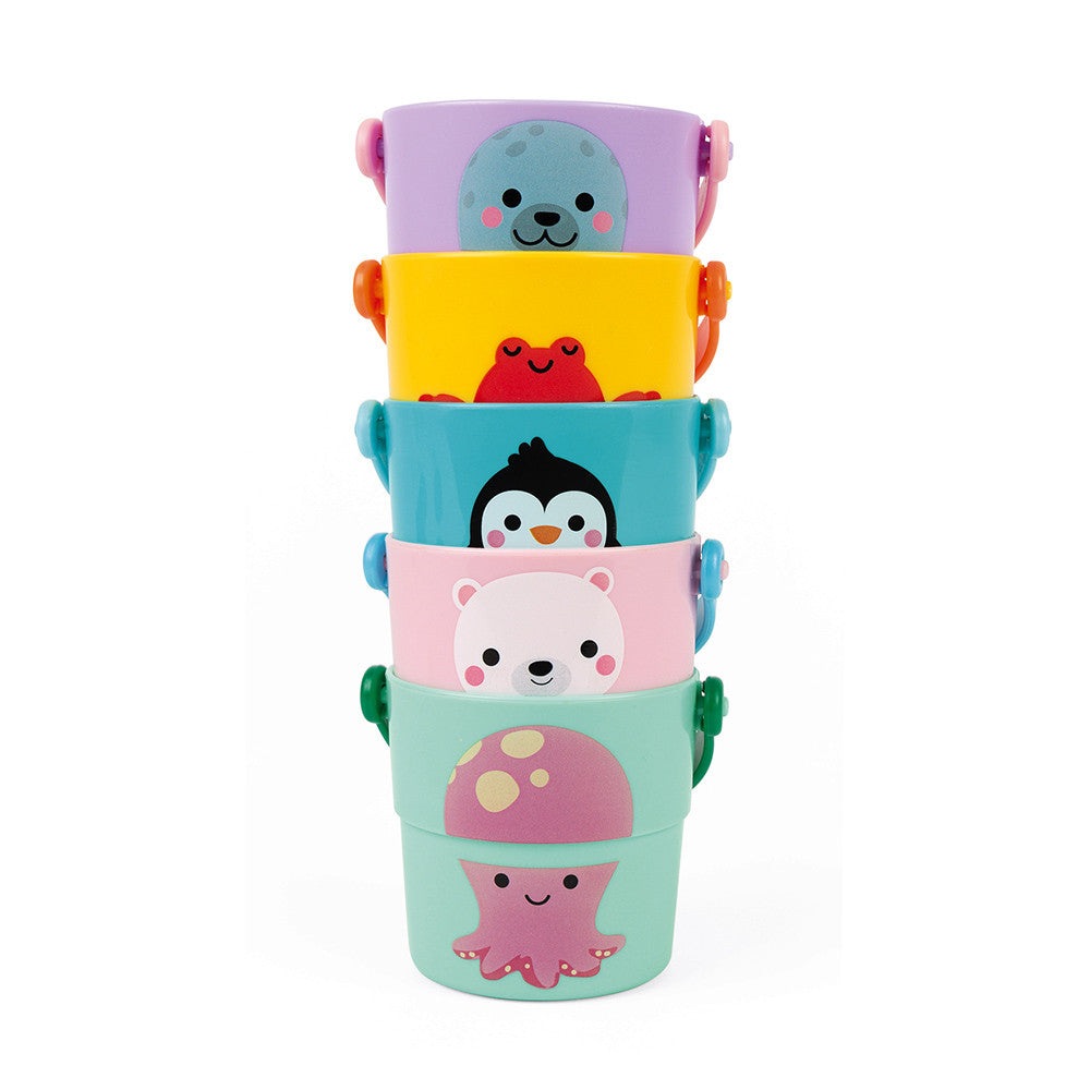 Janod 5 activity buckets stackable bath toys with pastel animal faces JANOD