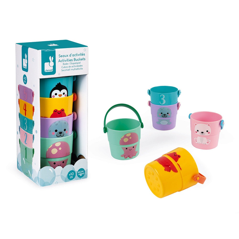 Janod 5 activity buckets bath toy set; stackable colorful cups with animal faces and numbers 1–5