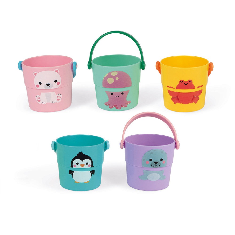 Janod 5 activity buckets for bath time featuring pink bear, teal octopus, yellow crab, turquoise penguin, and purple seal.