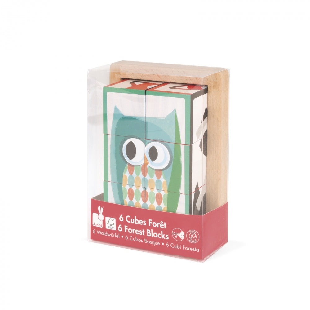 Janod 6 Forest Blocks in wooden box with green owl illustrations