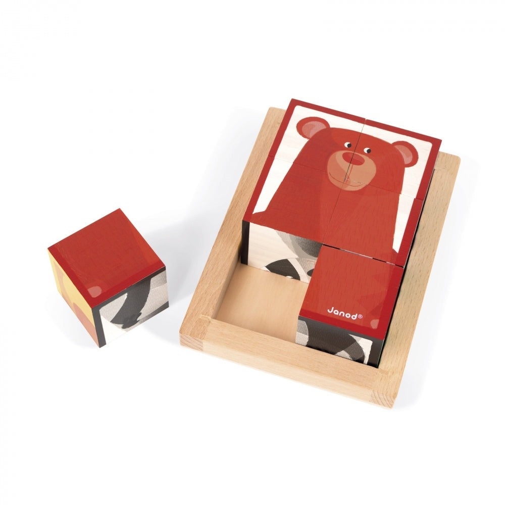 Janod six forest blocks in a wooden box featuring a red bear illustration