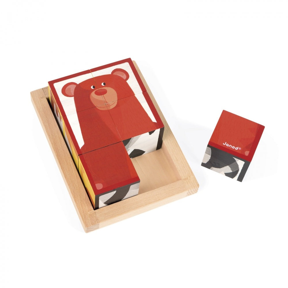 Janod 6 forest blocks set in wooden box with red bear illustration and storage tray