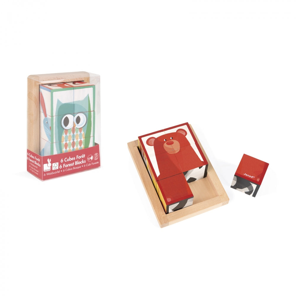 Janod 6 Forest Blocks in wooden box, colorful animal blocks with a red bear illustration