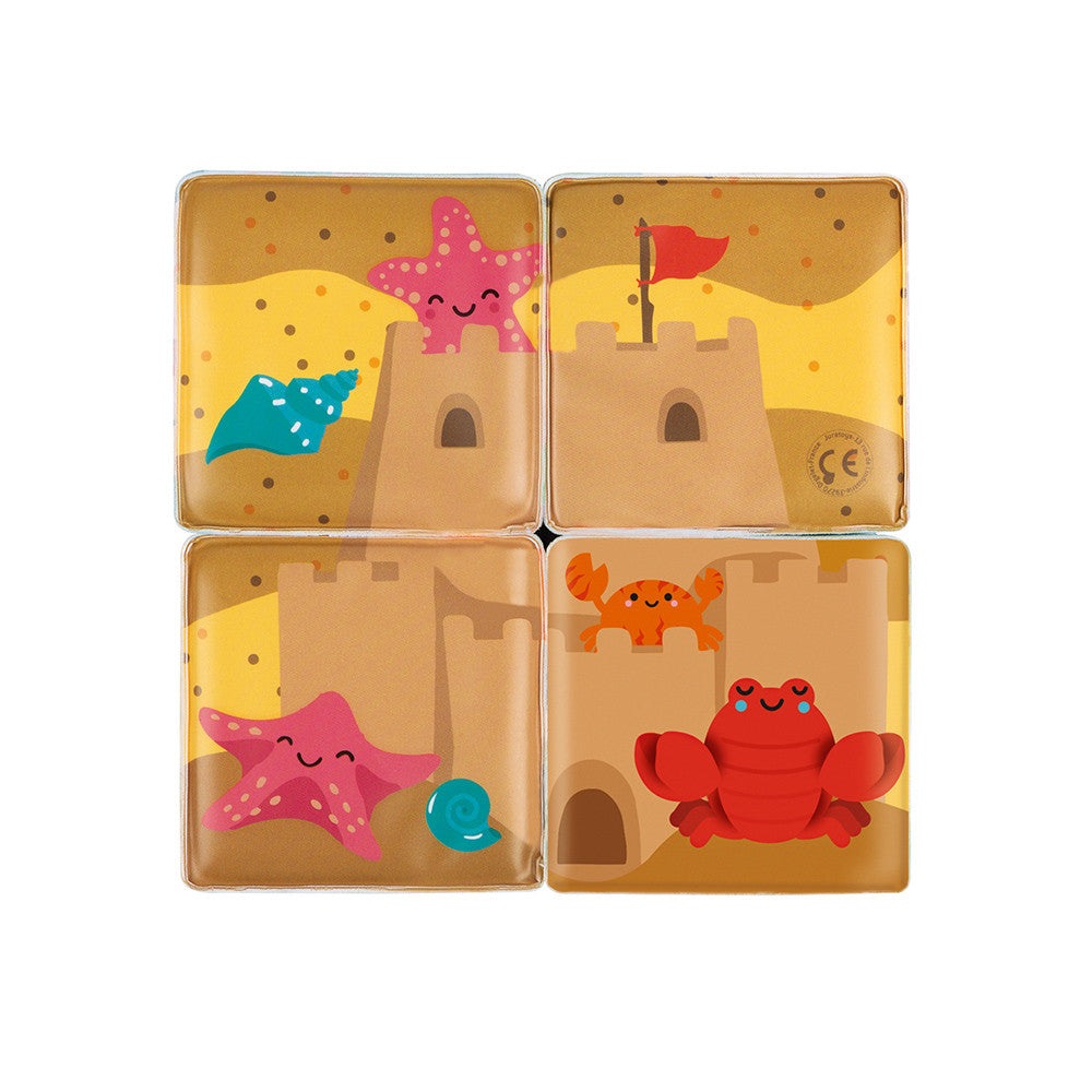 Janod Bath 4 Cubes set with beach sandcastle and cheerful sea creatures (starfish, crab, shell)