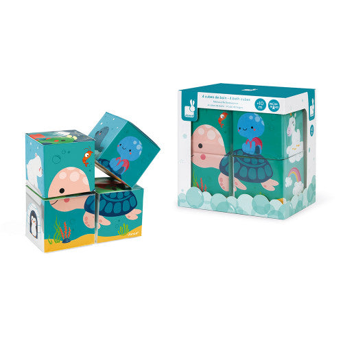 Janod Bath 4 Cubes: set of 4 blue underwater bath toys with sea creatures
