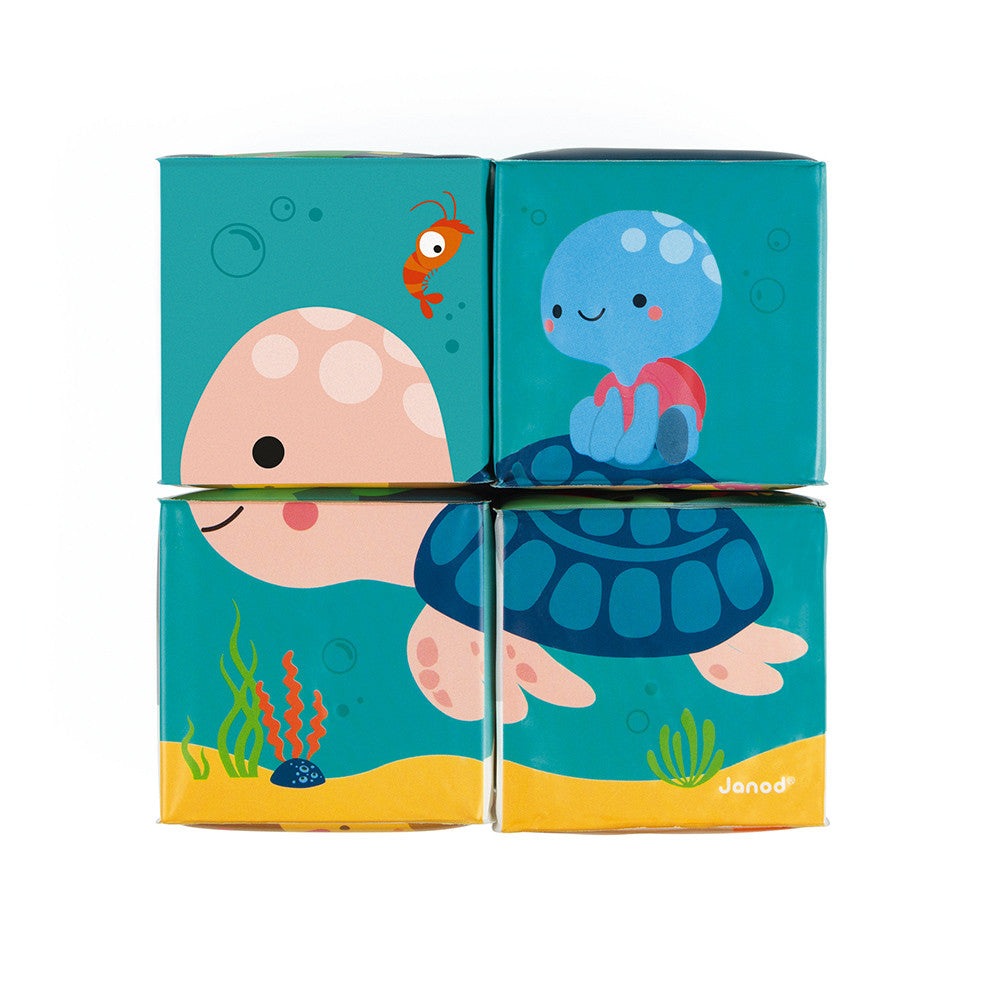 Janod Bath 4 Cubes set of four teal sea life bath toys with a friendly turtle, jellyfish and coral