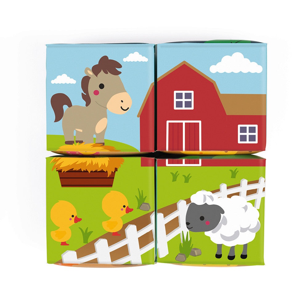 Janod Bath 4 Cubes farm toy set with a horse, red barn, ducklings, and sheep (4 cubes)