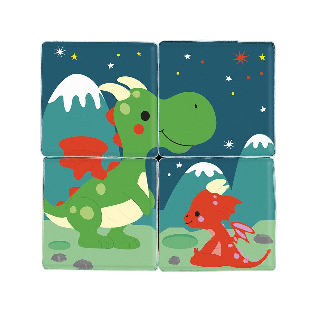 Janod Bath 4 Cubes; four colorful dinosaur bath toys featuring a green T-rex and red dragon on blue nighttime scenes