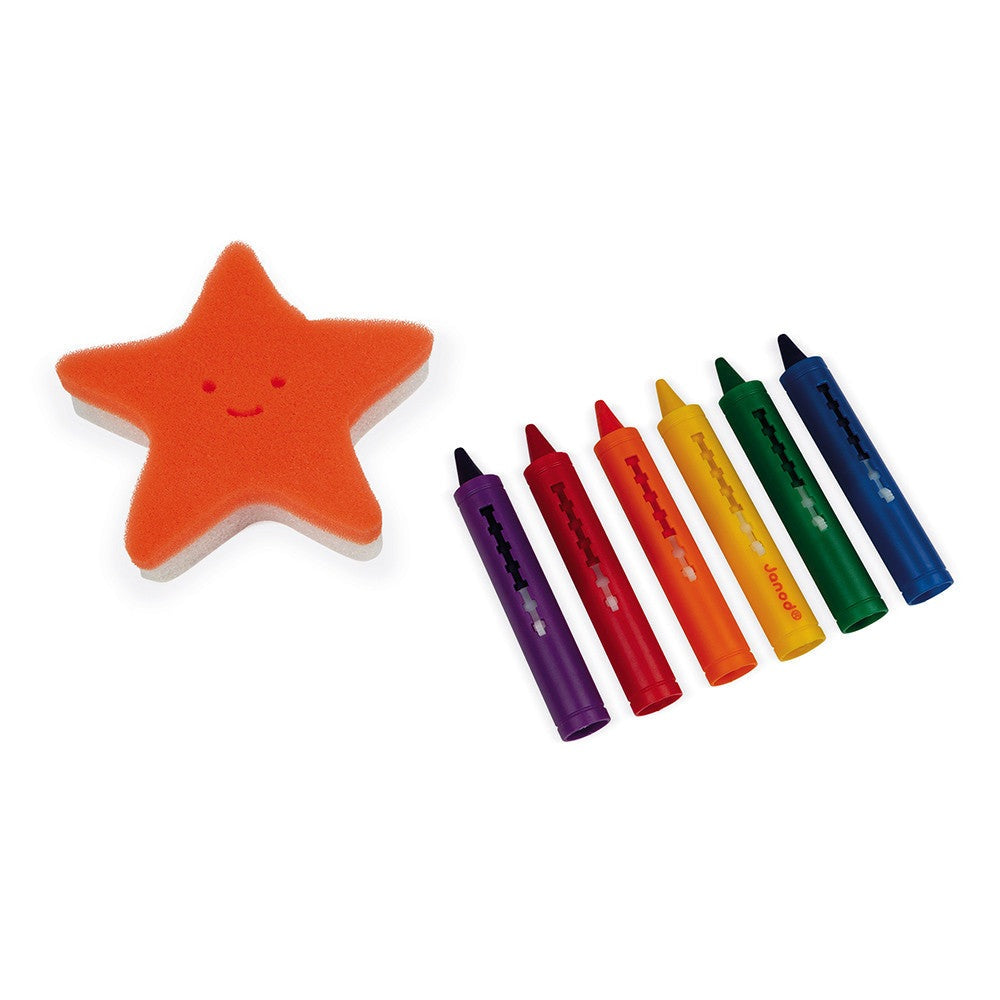 Janod Bath Coloring star sponge with six colorful bath crayons in purple, red, orange, yellow, green, and blue