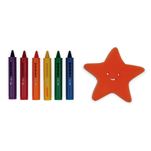 Janod Bath Coloring set: six bath crayons in purple red orange yellow green blue and an orange star sponge