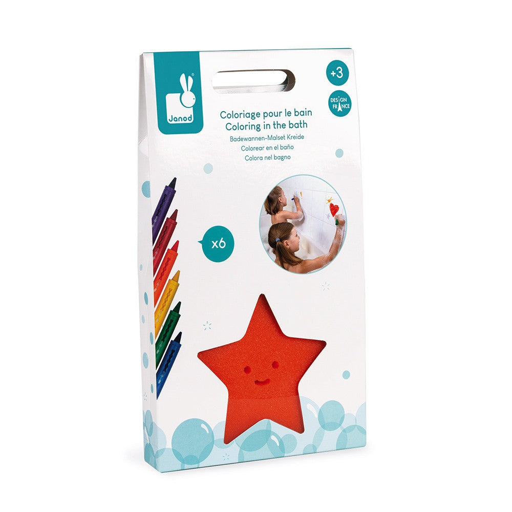 Janod Bath Coloring kit with 6 colored bath crayons and a red star sponge