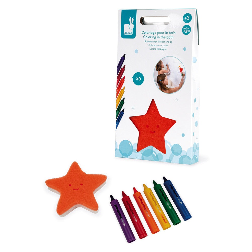 Janod Bath Coloring set with orange star sponge and six colored bath markers in a white box