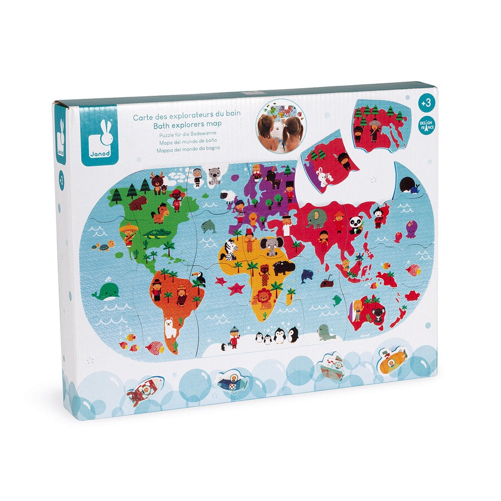 Janod Bath Explorers Map; colorful world map bath toy puzzle with animal illustrations