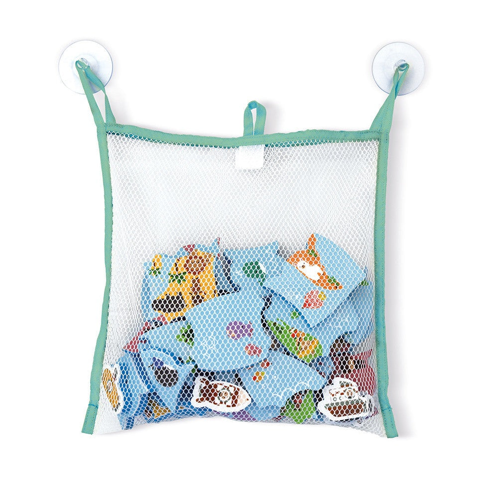 Janod Bath Explorers Map mesh bath toy bag with turquoise trim and suction cups for storing multiple bath toys