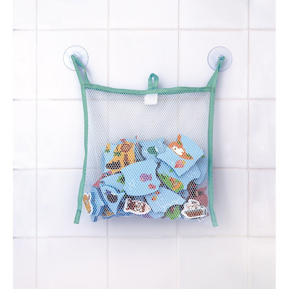 Janod Bath Explorers Map mesh bath toy bag with green trim and suction cups, filled with bath toys