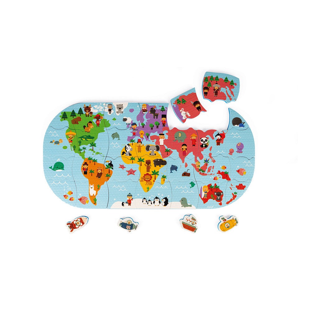 Janod Bath Explorers Map five-piece bath puzzle with removable pieces on a blue ocean world map