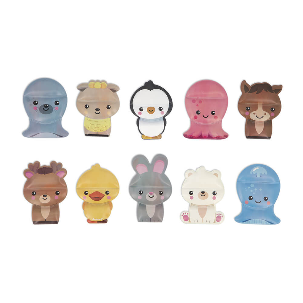 Janod Bath Mix and Match Animals: set of 10 colorful animal bath toys in cute shapes