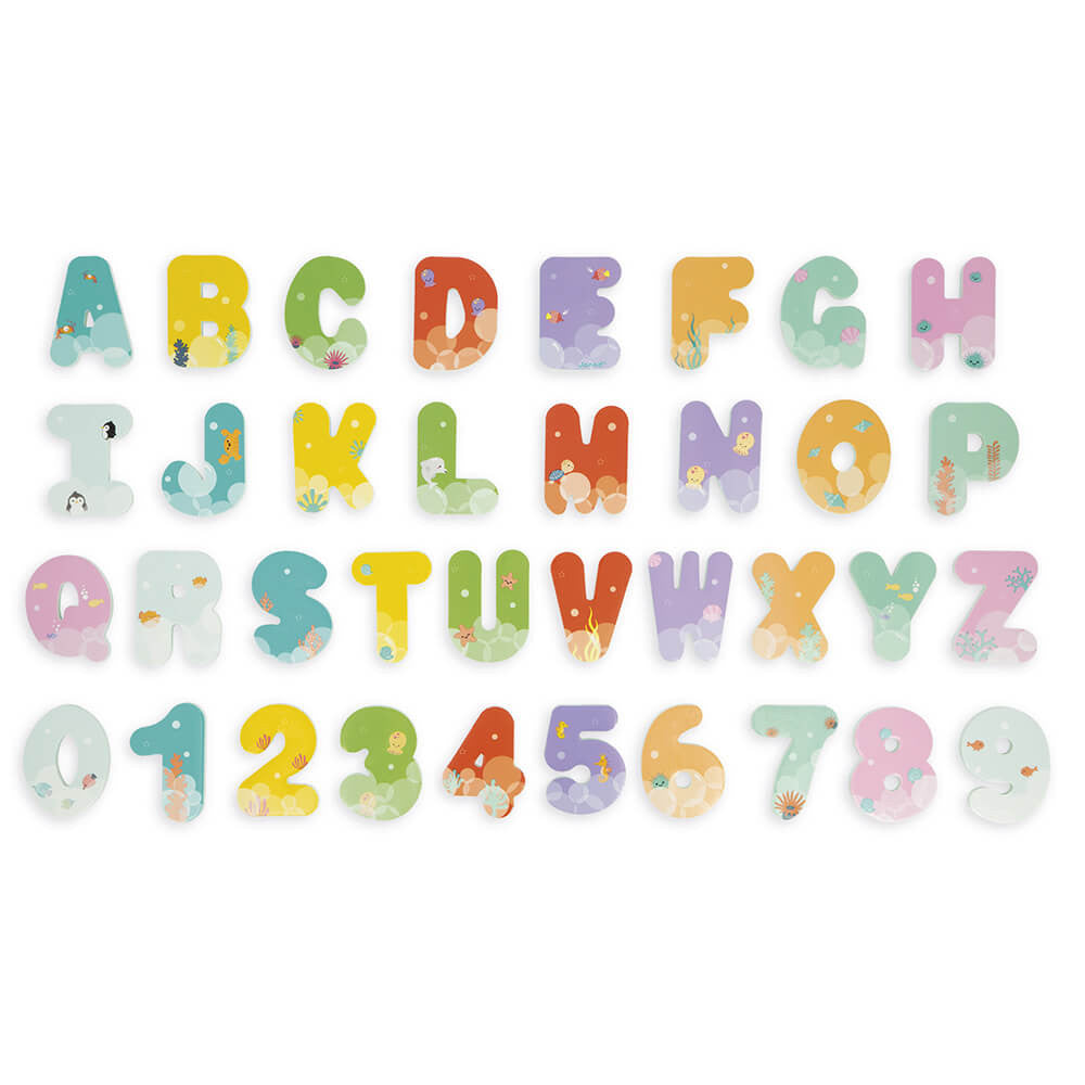 Janod Bath Time foam letters and numbers set in colorful underwater design (A–Z, 0–9)