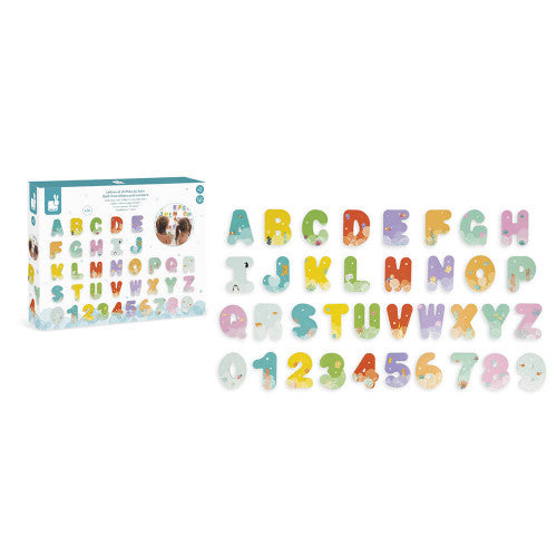 Janod Bath Time Letters and Numbers set of colorful foam letters and digits for bath time, includes 26 letters and 10 numbers