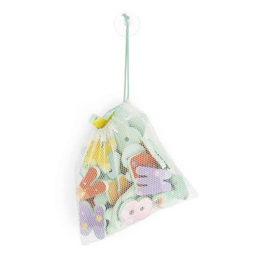 Janod Bath Time Letters and Numbers foam set in a mesh bag with colorful pieces